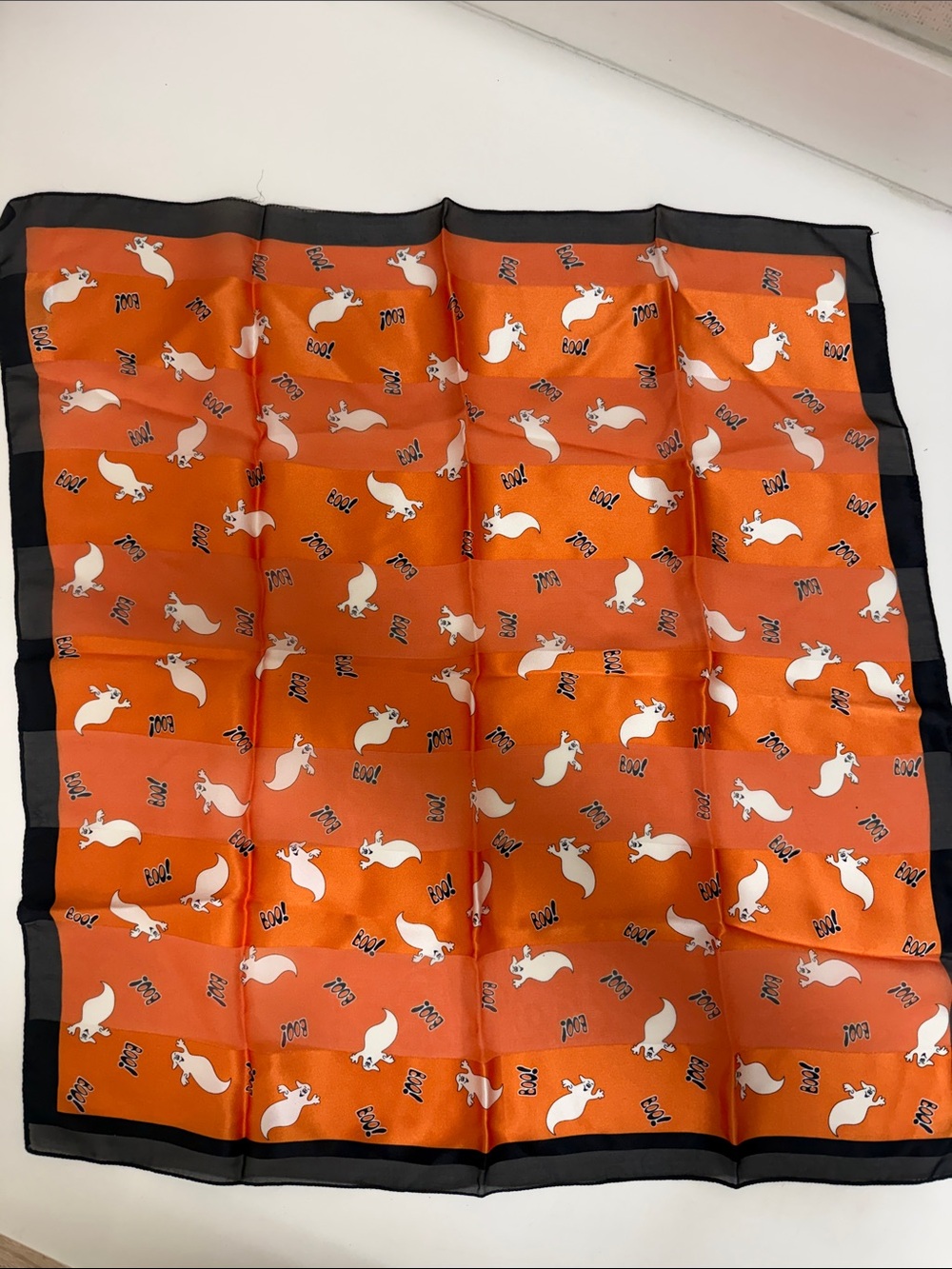 100% Silk Halloween Orange Ghost Print Scarf